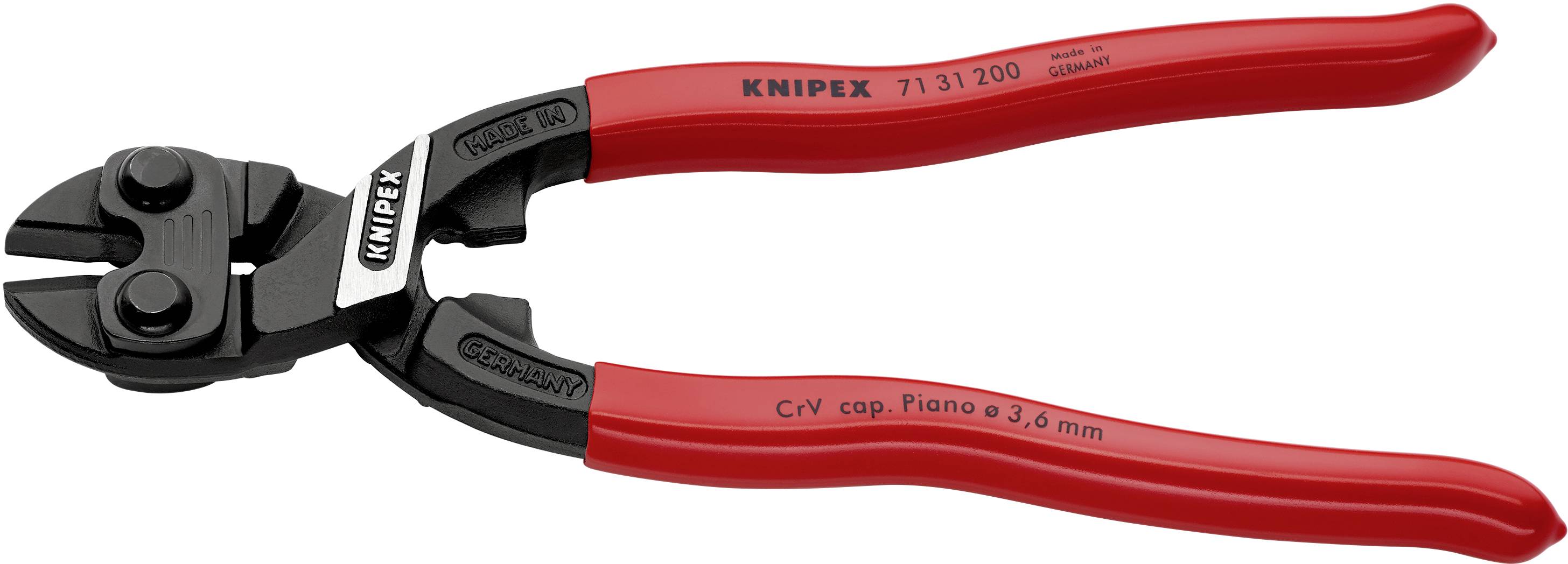 Eine rote Knipex-Kraft-Seitenschneiderzange mit geschwungenem Griff. Sie ist für das Schneiden von Draht geeignet.