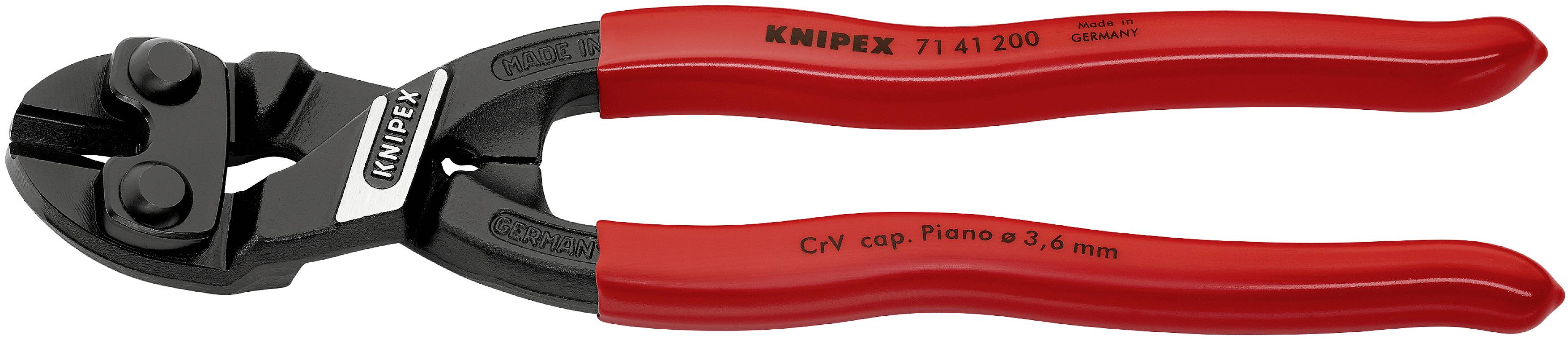 Bolzenschneider mit roten Griffen, schwarze Klingen, Marke Knipex, für präzises Schneiden von Drähten bis 6 mm Durchmesser geeignet.