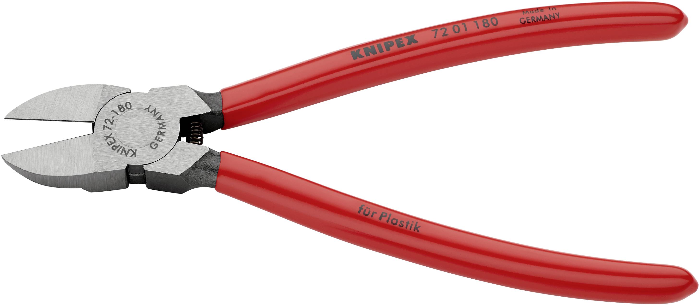 Rote Seitenschneiderzange mit der Aufschrift 'KNIPEX 72 01 180' auf dem Griff, geeignet zum Schneiden von Plastik.