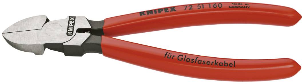 Eine rote Seitenschneiderzange der Marke Knipex, geeignet für Glasfaserkabel, aus Metall, hergestellt in Deutschland.