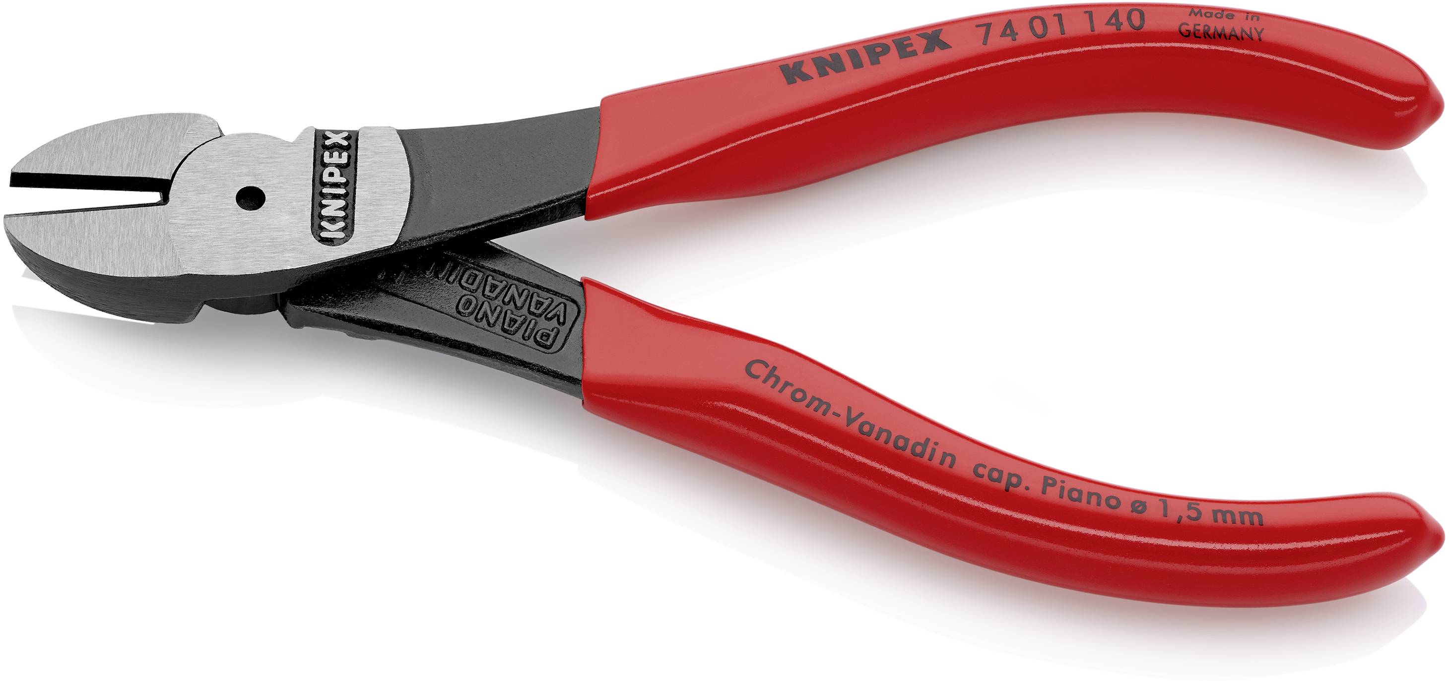 Seitenschneider mit roten Griffen für präzises Schneiden von Drähten. Text auf dem Werkzeug: 'Knipex 740140'.
