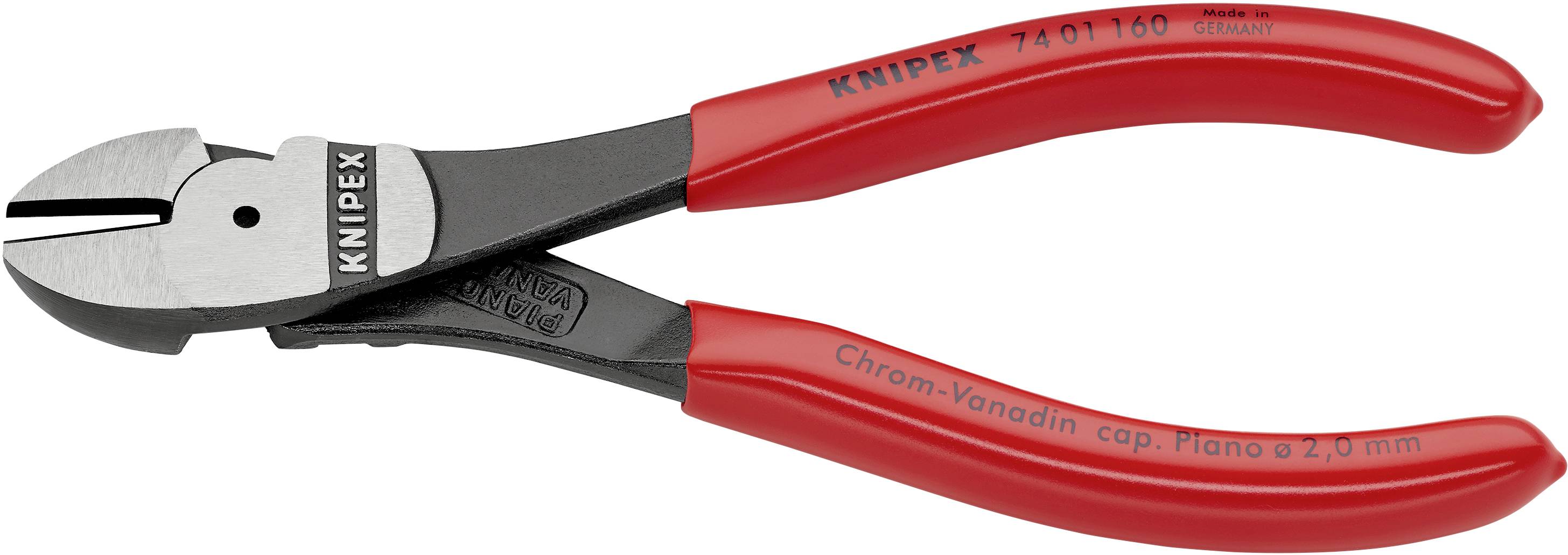 Rote Knipex-Bolzenschneider mit Stahlklingen, geeignet zum Schneiden von Draht. Modell- und Größenangabe ist auf dem Griff.