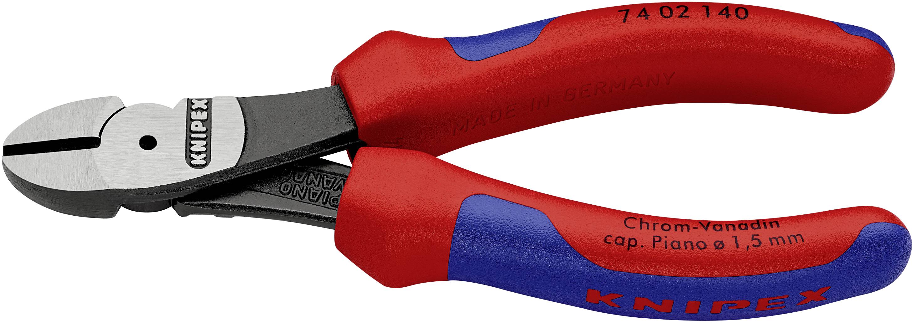 Seitenschneider mit rot-blauen Griffen, markiert mit 'Knipex', geeignet für hartes Drahtschneiden bis 1,5 mm.