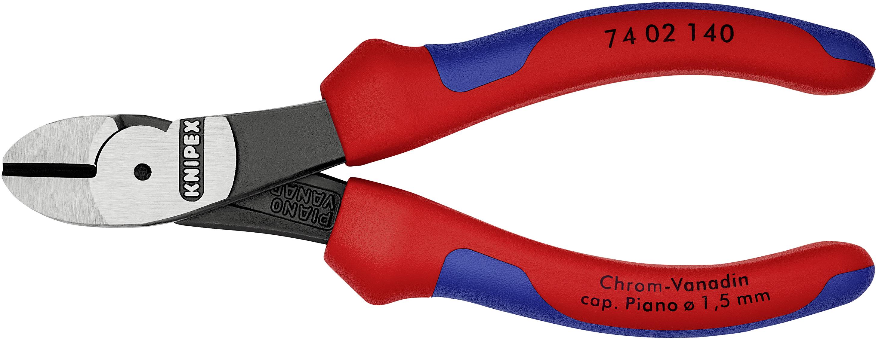 Eine rote und blaue Kabelschneider-Zange mit der Aufschrift 'Chrom-Vanadin cap. Piano ø 1,5 mm' auf dem Griff.