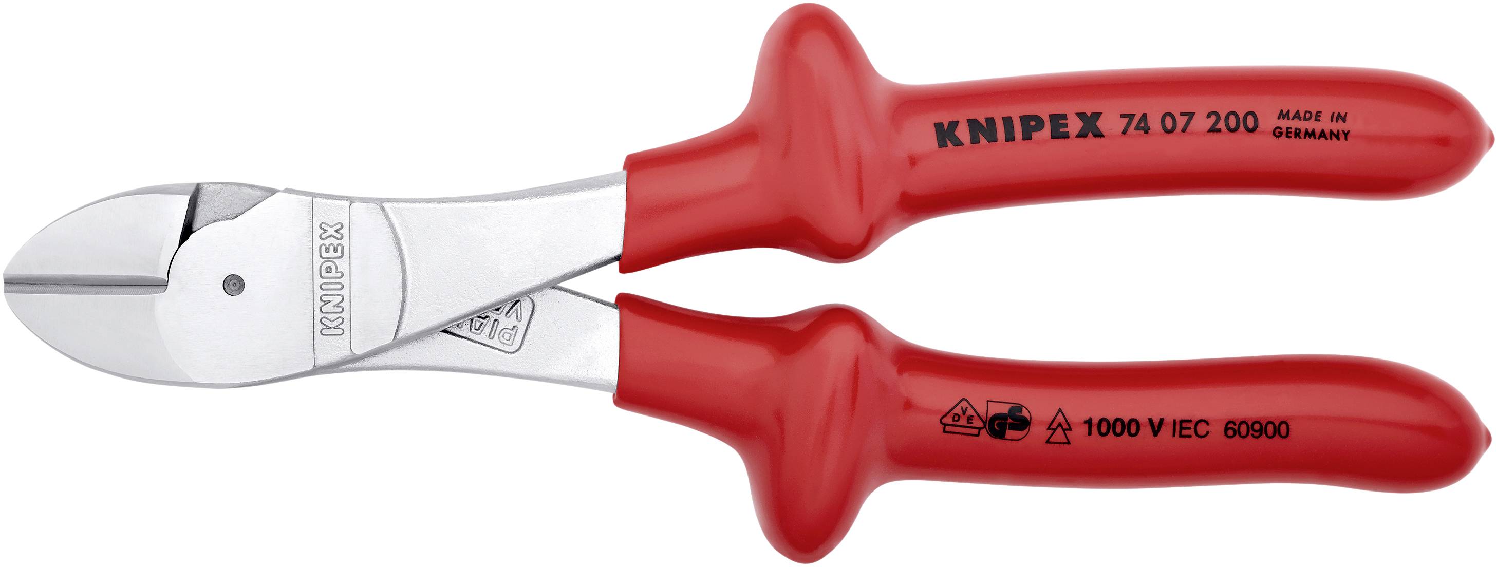 KNIPEX Kabelschneider mit roten, isolierten Griffen; geeignet für Arbeiten unter Spannung bis 1000 V; kompakte, robuste Bauweise.