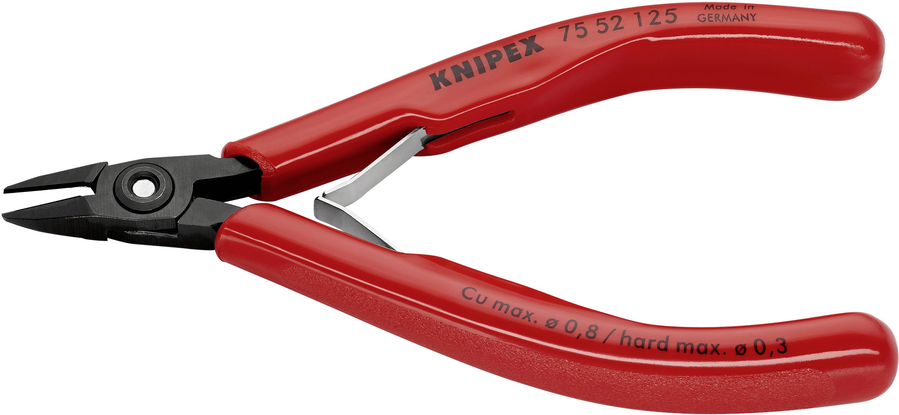 Rote Elektronik-Seitenschneiderzange der Marke KNIPEX mit schwarzen Schneiden, verwendet zum Schneiden von Drähten mit maximalem Durchmesser von 0,8 mm aus Kupfer.