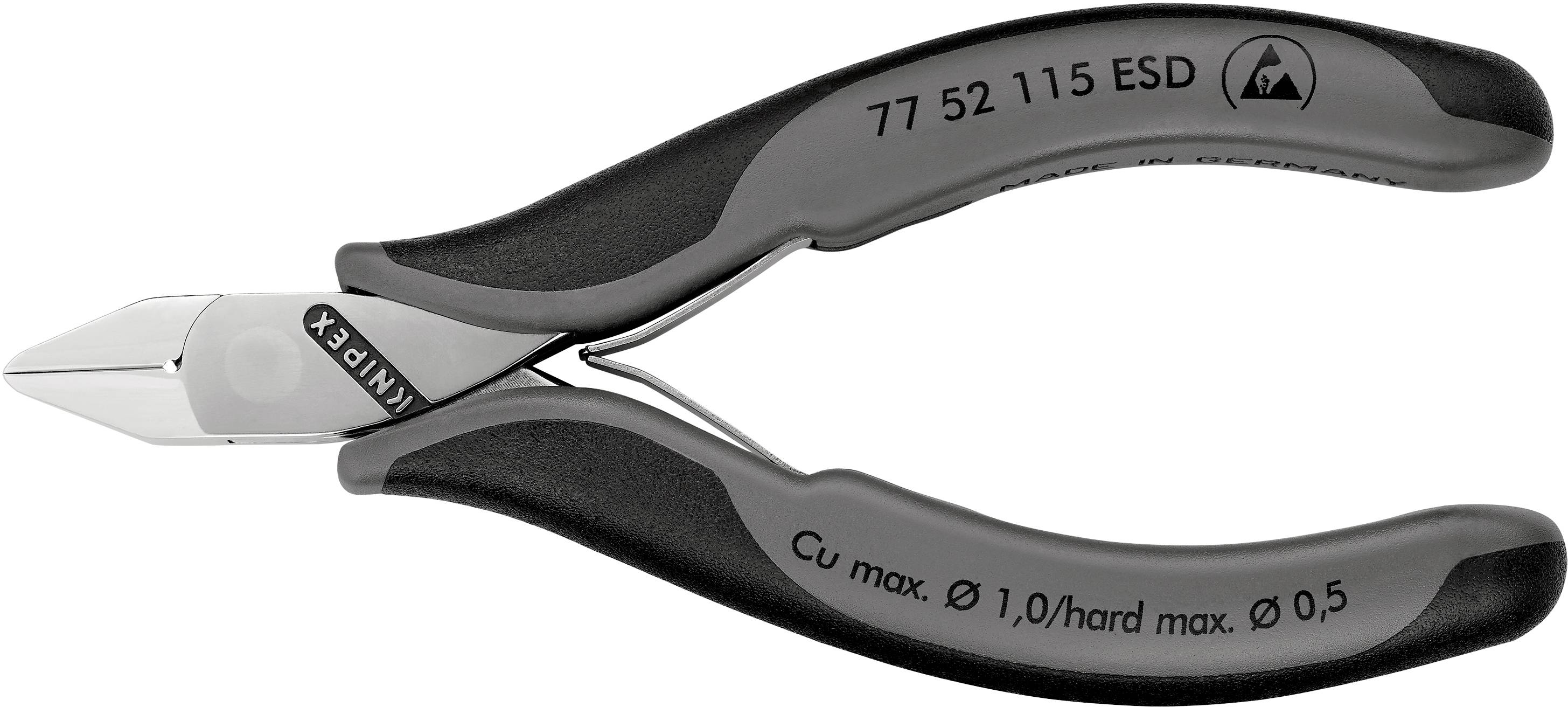 Eine schwarze Seitenschneiderzange mit der Aufschrift 'Knipex'. Sie eignet sich zum Schneiden dünner Drähte, steht auf einem weißen Hintergrund.