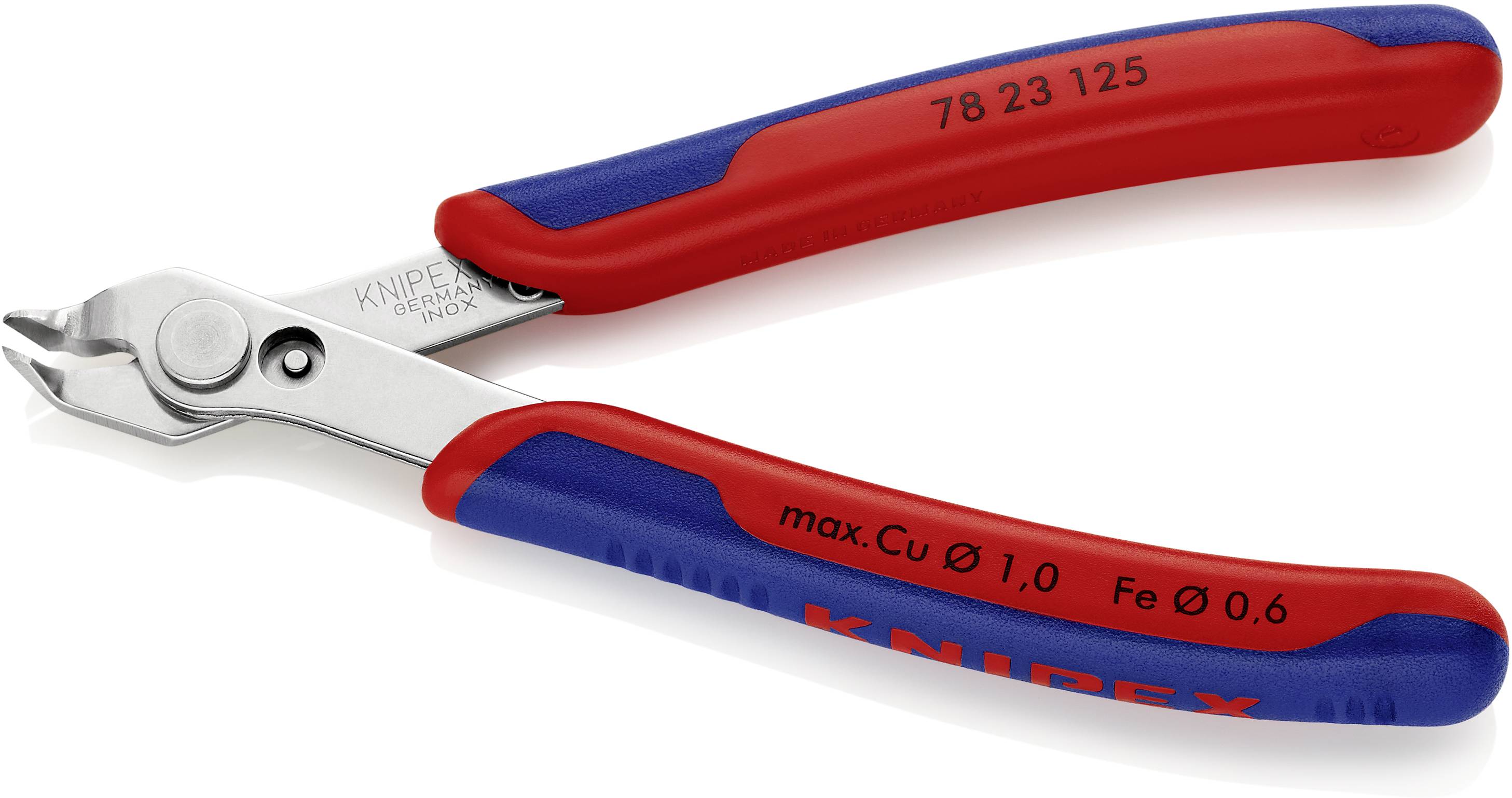 Eine rote und blaue Kabelschere von KNIPEX mit der Aufschrift 'max. Cu Ø 1,0 Fe Ø 0,6', geeignet für feine Schneidarbeiten.