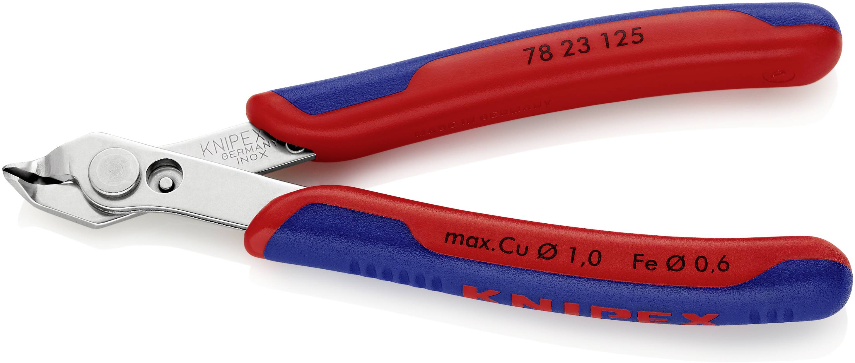 Seitenschneider mit blauen und roten Griffen, Metallkopf und Gravur 'KNIPEX'. Geeignet für Draht- und Kabelschneiden.