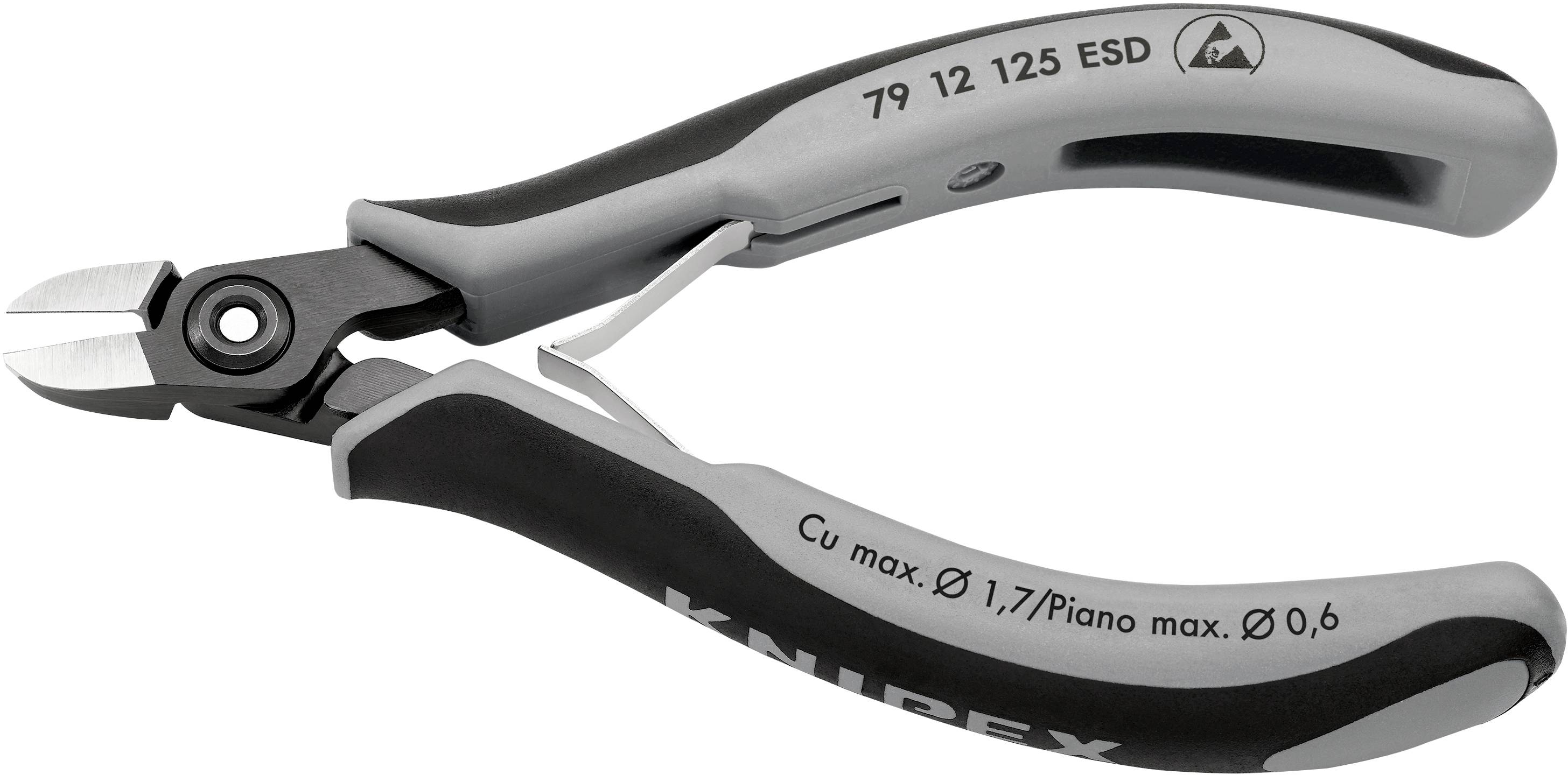 Seitenschneider mit grauen Griffen, geeignet für Cu und Pianodrähte bis 1,7 mm bzw. 0,6 mm. ESD-Schutz für elektrostatische Entladung.