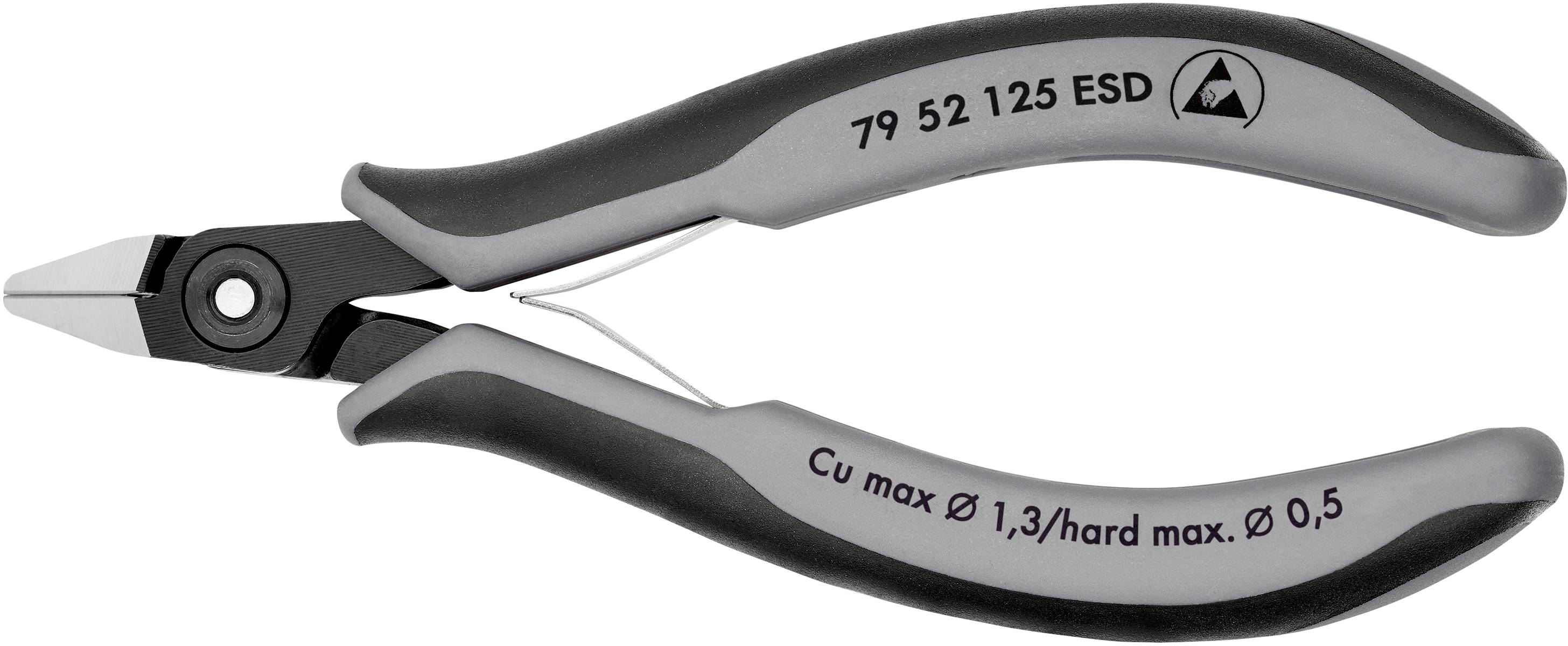 Schwarze und graue Präzisionszange mit Aufschrift '79 52 125 ESD', geeignet für Kupferdrähte bis 1,3 mm Durchmesser, Hartdrähte bis 0,5 mm.