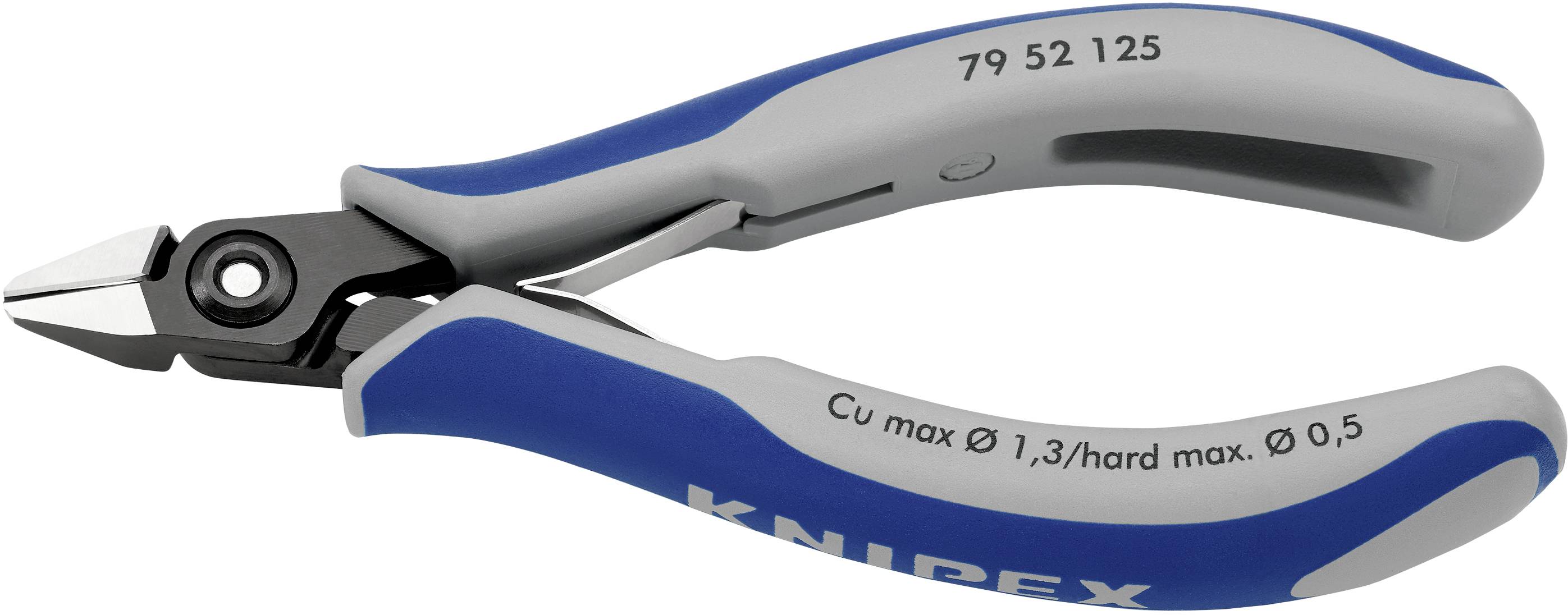 Eine blaue und graue Präzisionszange mit der Aufschrift 'KNIPEX', geeignet für Drahtschneiden bis 0,5 mm Stärke.