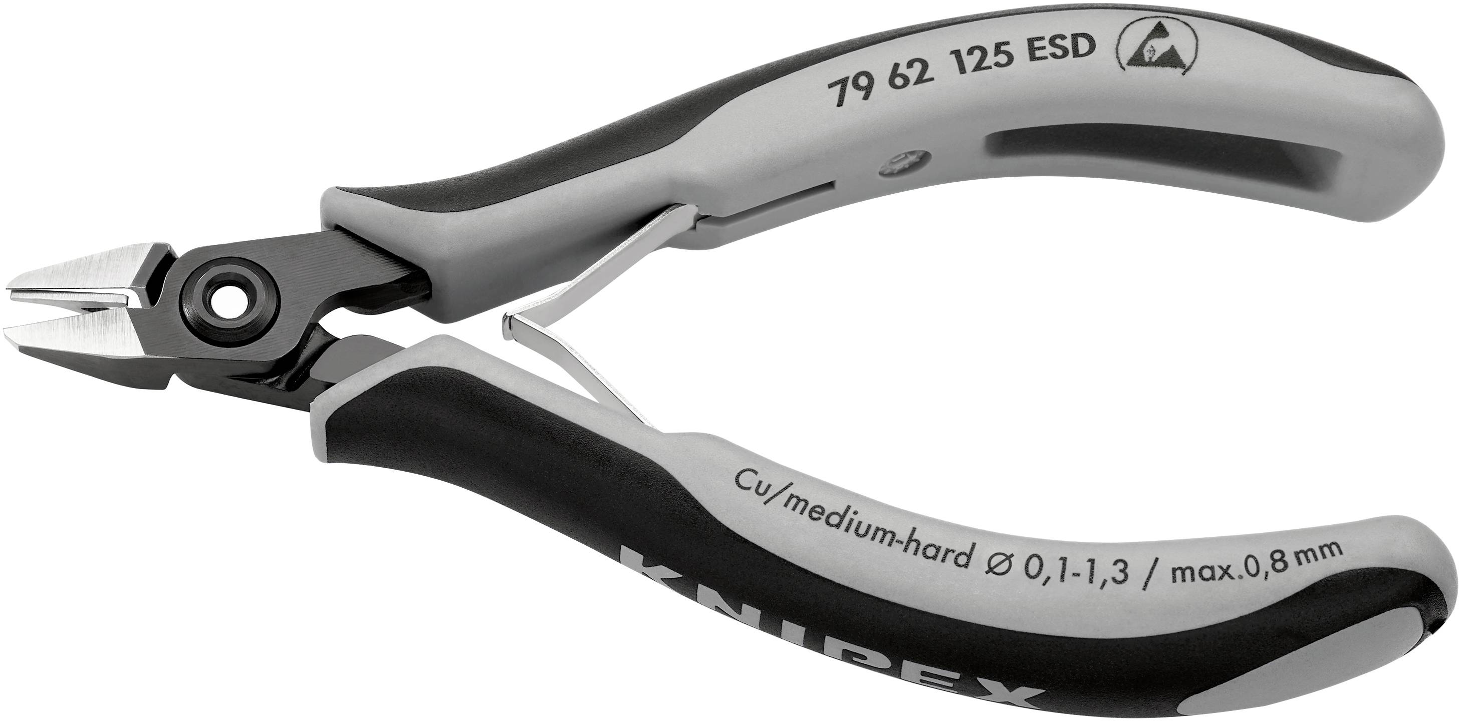 Ein präziser Seitenschneider mit ergonomischen schwarzen und grauen Griffen und der Aufschrift '79 62 125 ESD' auf der Seite.