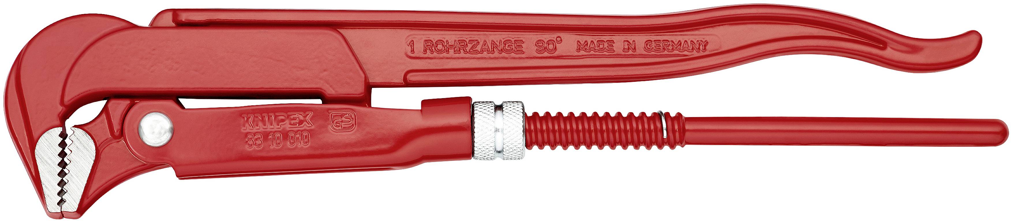 Rote Rohrzange aus Metall mit einstellbarem Kiefermechanismus, geeignet für verschiedene Rohrgrößen. Mit ergonomischem Griff.