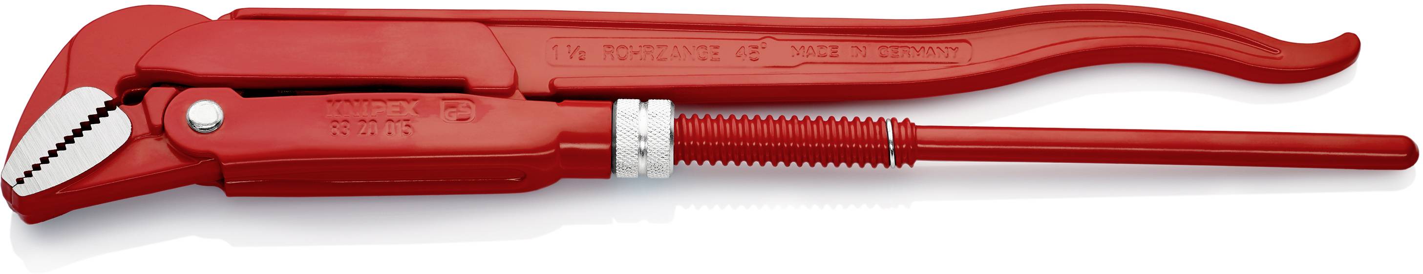 Rote Rohrzange aus Metall mit schwenkbarem Kopf und geripptem Griff, ideal zum Greifen und Drehen von Rohren und anderen runden Objekten.