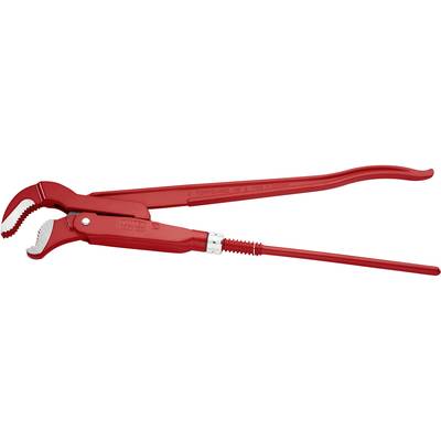 Rote Rohrzange auf weißem Hintergrund. Werkzeug aus Metall mit gezahnten Zangenbacken und langem Griff, geeignet zum Greifen von Rohren.