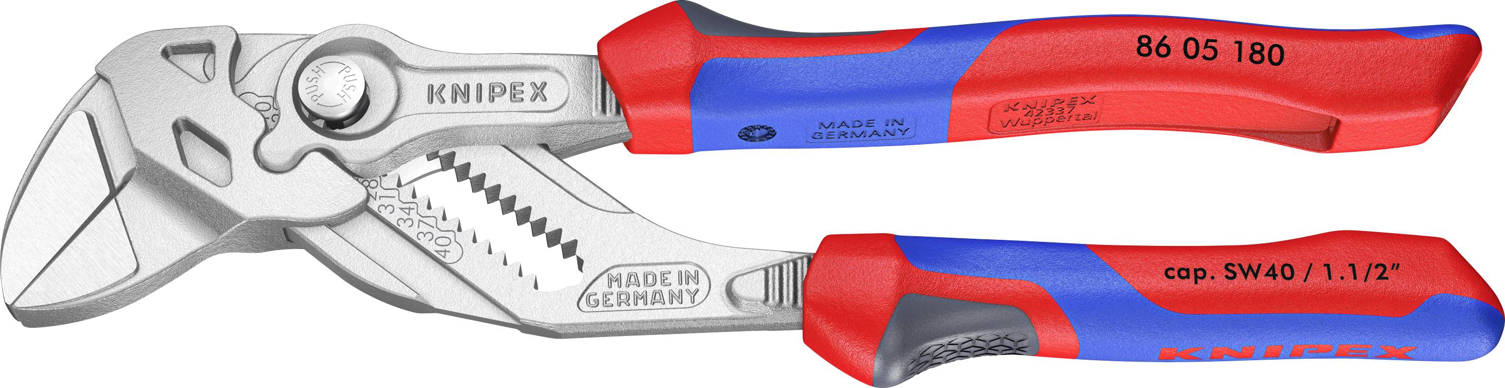 Seitenschneider mit roten und blauen Griffen, gekennzeichnet mit „KNIPEX", „Made in Germany" und „86 05 180". Verfügt über ein mehrrilliges, gezahntes Maul.
