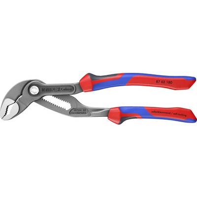 Verstellbare Zange mit rotem und blauem Griff, mit gerilltem Backen zum sicheren Festklemmen und gekennzeichnet mit 'KNIPEX' und 'selbstsperrend'.