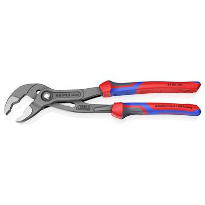 Ein Paar Knipex Cobra-Zangen mit roten und blauen ergonomischen Griffen. Das Werkzeug ist mit „Made in Germany" gekennzeichnet und verfügt über einen Selbstsperrmechanismus.