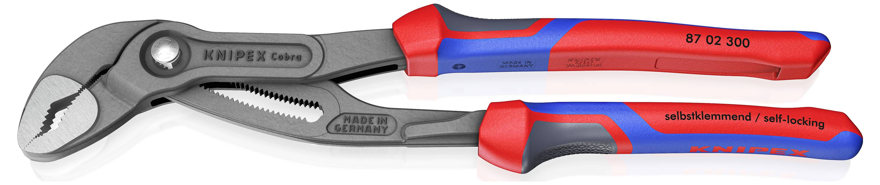 Verstellbare Zange mit roten und blauen ergonomischen Griffen, mit selbstverriegelndem Griffmechanismus. Hergestellt in Deutschland.