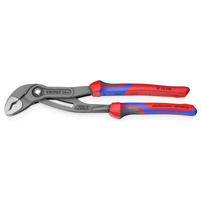 Verstellbare Zange mit roten und blauen ergonomischen Griffen, mit selbstverriegelndem Griffmechanismus. Hergestellt in Deutschland.
