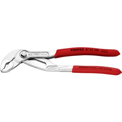 Eine rote Wasserpumpenzange der Marke Knipex, Modellnummer 87 03 180, mit der Aufschrift 'selbstklemmend/self-locking' auf dem Griff.