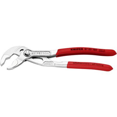 Wasserpumpenzange von KNIPEX mit rotem Griff und verstellbarem Kiefermechanismus. Modellnummer 87 03 180, hergestellt in Deutschland.