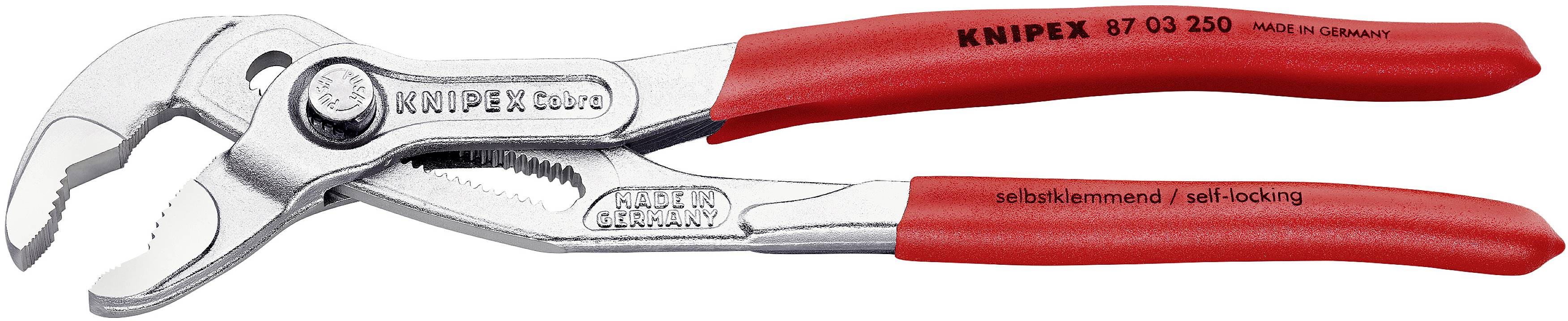 Eine silberne Wasserpumpenzange mit roten Griffen der Marke Knipex, Modellnummer 87 03 250, made in Germany.
