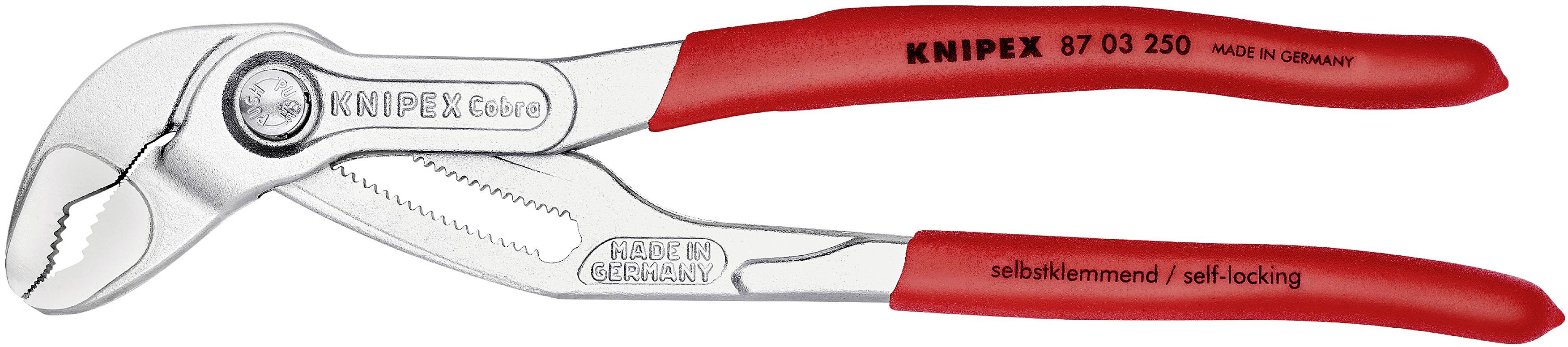 Rote KNIPEX Wasserpumpenzange, Modell 87 03 250, mit selbstklemmenden Backen, 'Made in Germany'. Grobes, verstellbares Greifwerkzeug.