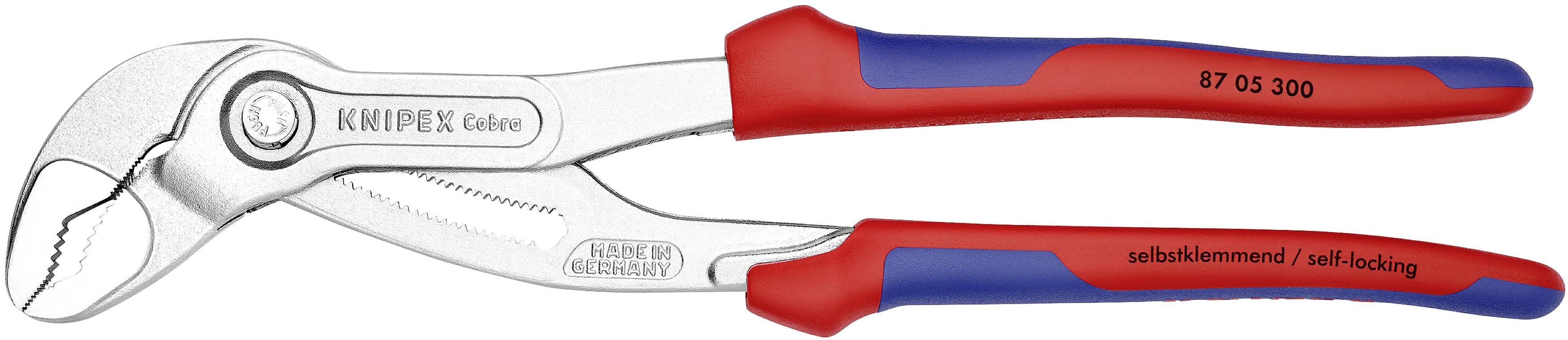 Eine rote und blaue Wasserpumpenzange der Marke Knipex, Modell '87 05 300', zeigt die Aufschrift 'selbstklemmend / self-locking'.