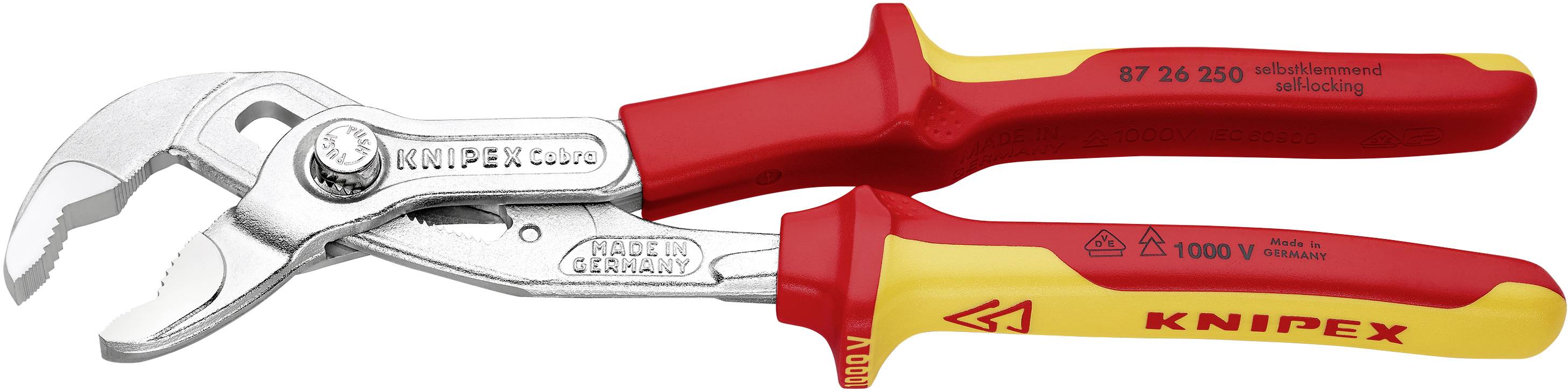 Rote und gelbe isolierte Rohrzange von Knipex. Geeignet für elektrische Arbeiten bis 1000V. Ergonomisches Design für sicheren Halt.