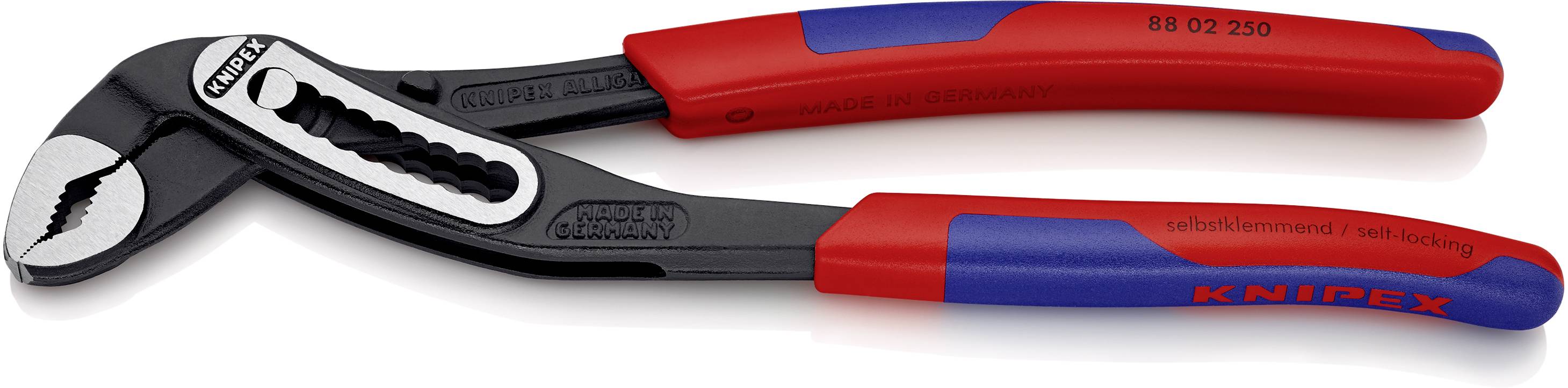 Einstellbare Wasserpumpenzange mit roten und blauen Griffen. Das Knipex-Logo ist auf dem Griff sichtbar.