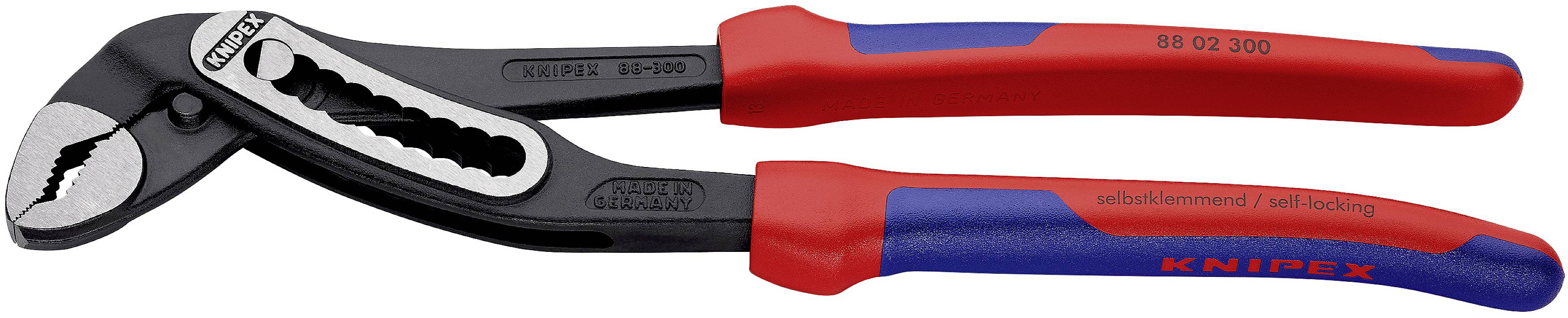 Rote und blaue Wasserpumpenzange der Marke Knipex, aus Stahl gefertigt. Entworfen zum Greifen von Rohren oder Muttern.