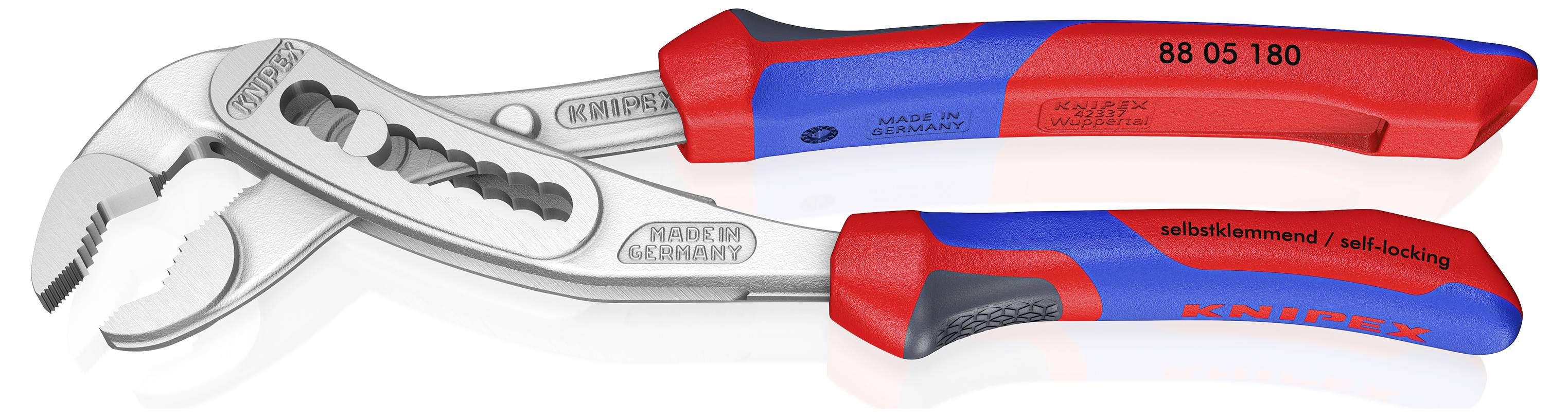 Rot-blaue Zangenzange mit verstellbaren Backen, gekennzeichnet mit „KNIPEX", „Made in Germany" und „88 05 180". Geeignet zum Greifen und Drehen.