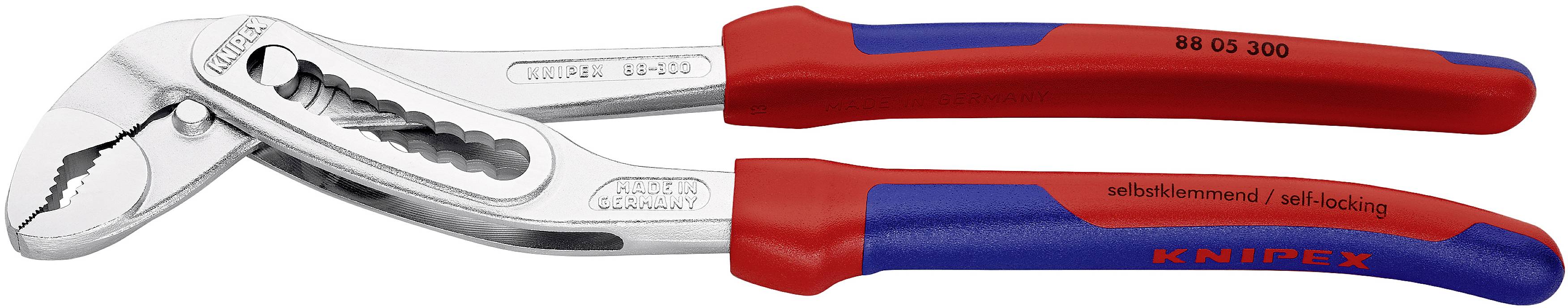 Eine rote und blaue KNIPEX-Zange, selbstklemmend. Zeigt den Griff oben und die Greifbacken unten. Modellnummer '88 05 300'.