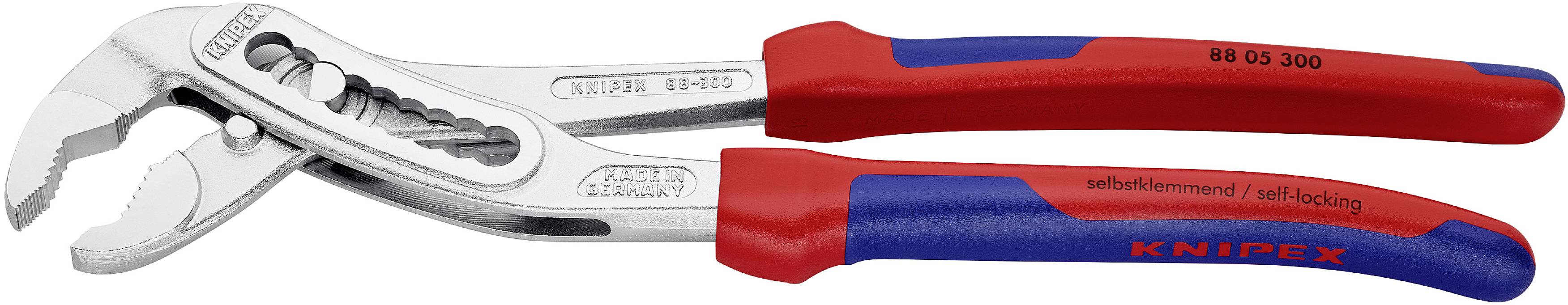 Rote und blaue Wasserpumpenzange von Knipex, 300 mm groß, mit verstellbarem Kopf für sicheren Halt, geeignet für vielseitige Anwendungen.