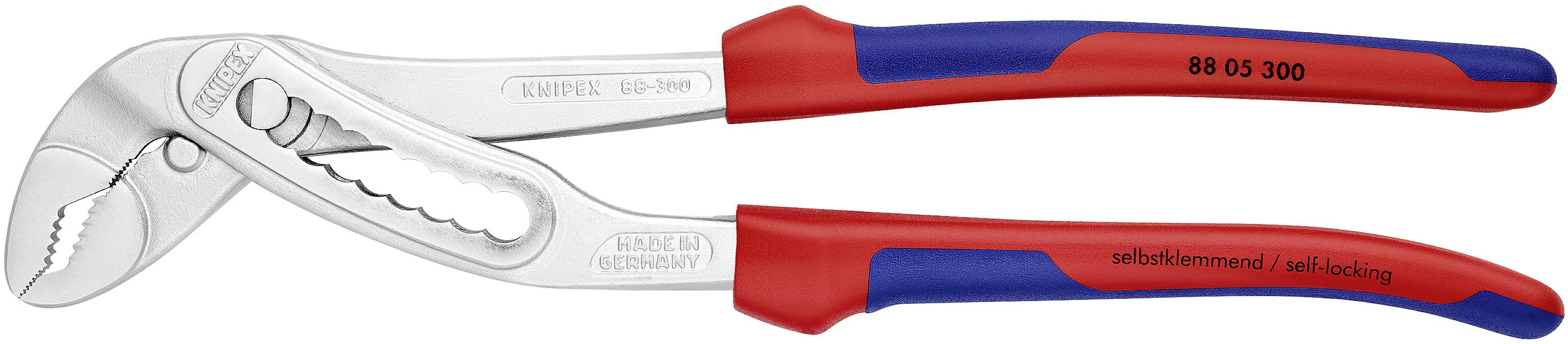 Eine rote und blaue Wasserpumpenzange mit einer einstellbaren Öffnung und gezacktem Griff, zum Greifen und Halten von Objekten.