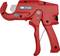 Hand-Rohrschneider in Rot, geeignet für Kunststoffe von 6 bis 35 mm Durchmesser, mit ergonomischem Griff und Sicherheitsverschluss.