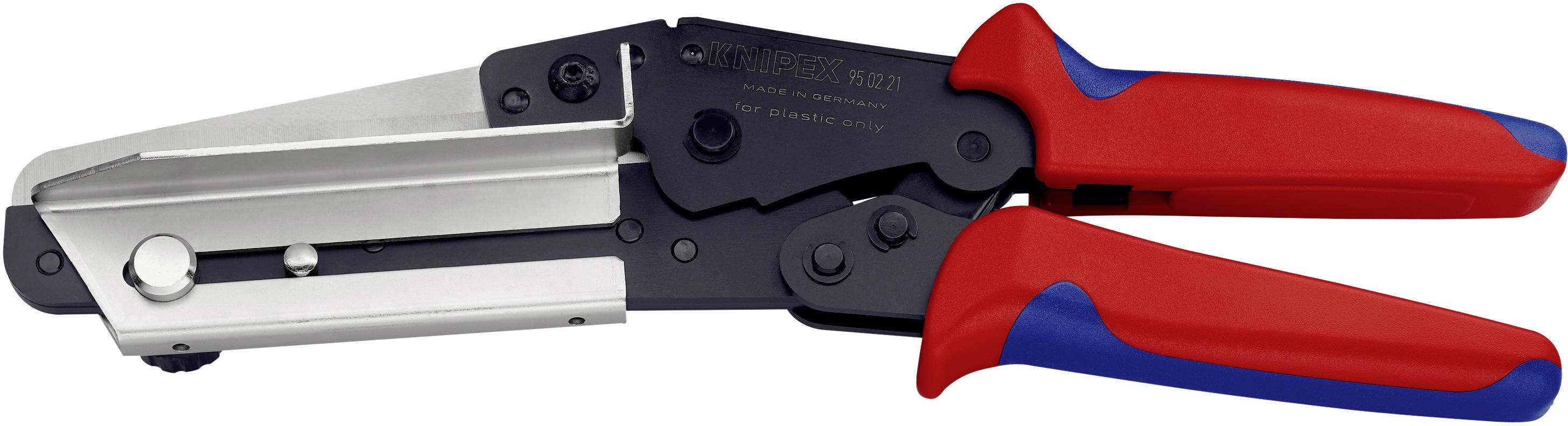 Eine rote und blaue Kabelschneidzange mit einem schwarzen Mechanismus, geeignet zum Abisolieren und Schneiden von Kabeln.