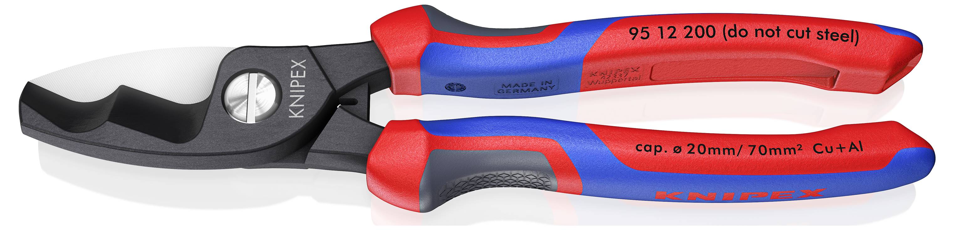 Knipex Kabelschneider mit rotem und blauem Griff und schwarzer Klinge. Aufschrift 'do not cut steel', geeignet für Aluminium.