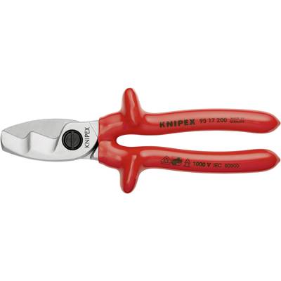 Rote Kabelschere mit Aufschrift 'KNIPEX' auf dem Griff. Geeignet für Arbeiten bis 1000 V.