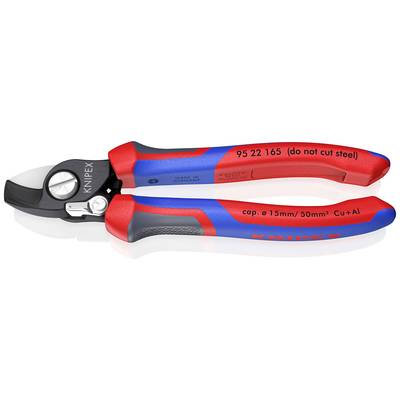 Kabelschneider aus Metall und Kunststoff, griffige rote und blaue Griffe, Aufschrift 'KNIPEX'. Schneiden von Kupfer- und Alukabeln.