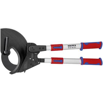Kabelschneider mit roten und blauen Griffen, geeignet zum Schneiden dicker Kabel. Markenname 'Knipex' auf den Griffen sichtbar.