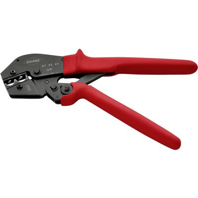 Eine schwarze Presszange mit roten Griffen, geeignet zum Vercrimpen von Kabelverbindungen. Sie hat ein Knipex-Logo und Modellnummer.
