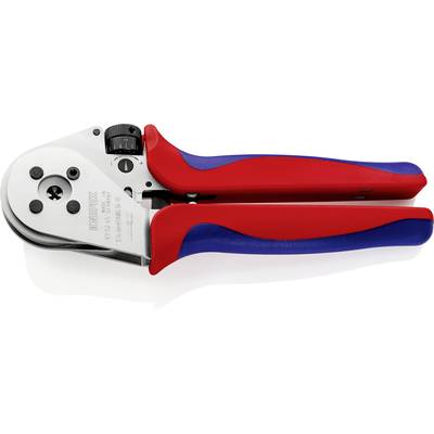 Handzange mit rot-blauem Griff, geeignet zum Crimpen von Kabeln. Sie ist aus Metall und Kunststoff gefertigt, mit einem Einstellrad.