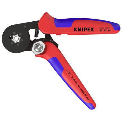 Zange von Knipex mit rotem und blauem Griff, geeignet für das Crimpen von Kabelverbindungen. Werkzeugtyp und Modellnummer sind sichtbar.