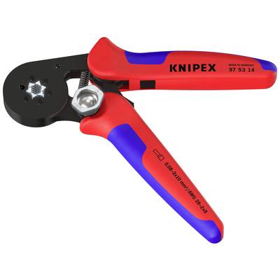 Rote und blaue Crimpzange von Knipex, Modell 97 53 14, hergestellt in Deutschland.