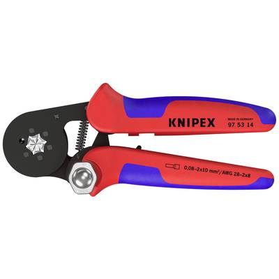 Crimpzange mit rot-blauem Griff, Marke "Knipex", Modellnummer 97 53 14, geeignet für Kabelgrößen 0,08-2x10 mm²/AWG 28-2x8.