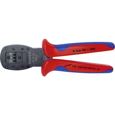 Eine rote und blaue Crimpzange von KNIPEX für D-Sub Kabel, mit den Spezifikationen: 'D-Sub HD + HDE' und '0.03 - 0.56 mm²/AWG 32 - 20'.