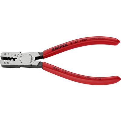 Rote Crimpzange von Knipex mit mehreren Größen auf den Backen zur Kabelverarbeitung. Markierung 'Made in Germany' auf dem Griff.